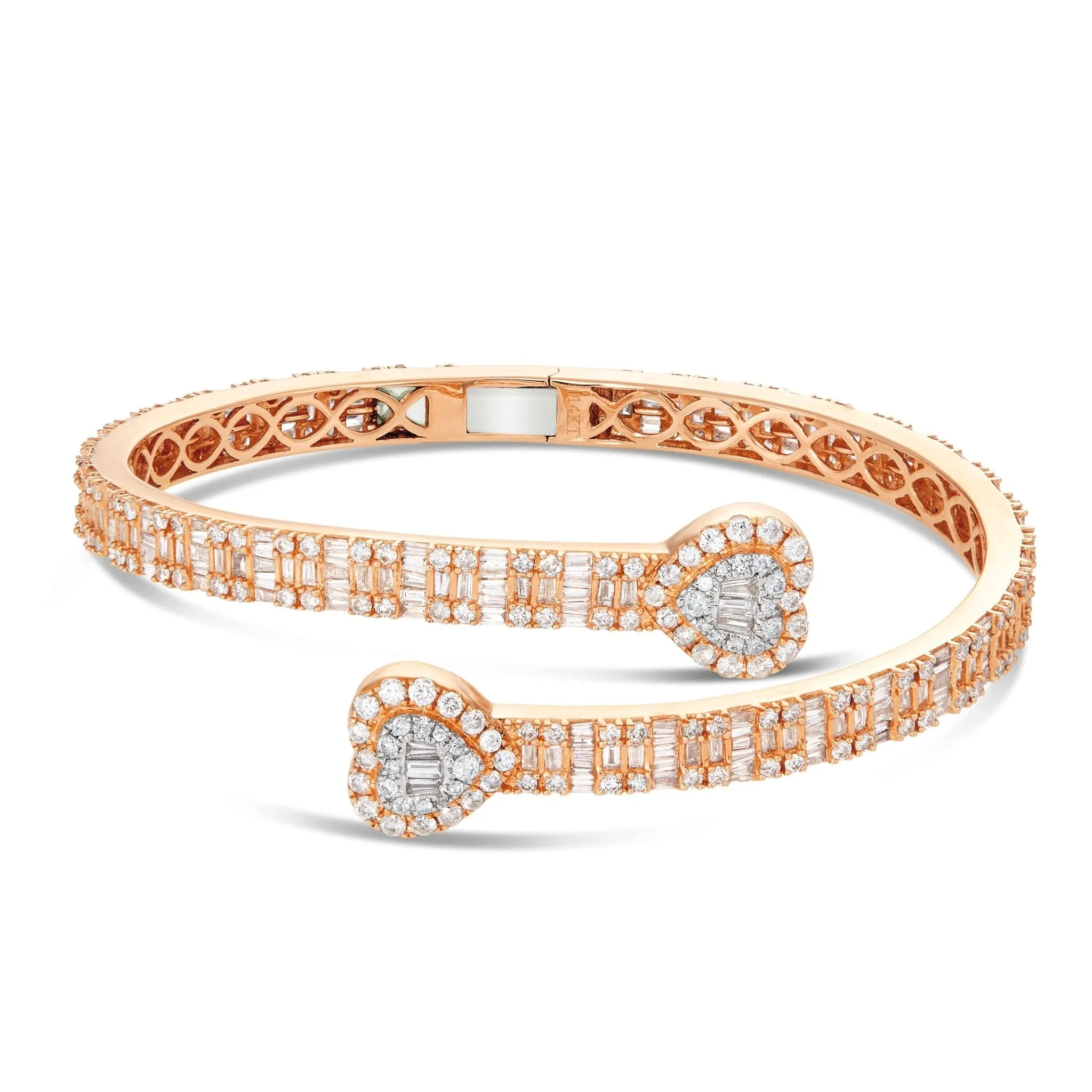14K Gold 4.69ct Baguette Diamond Eternity Heart Bangle