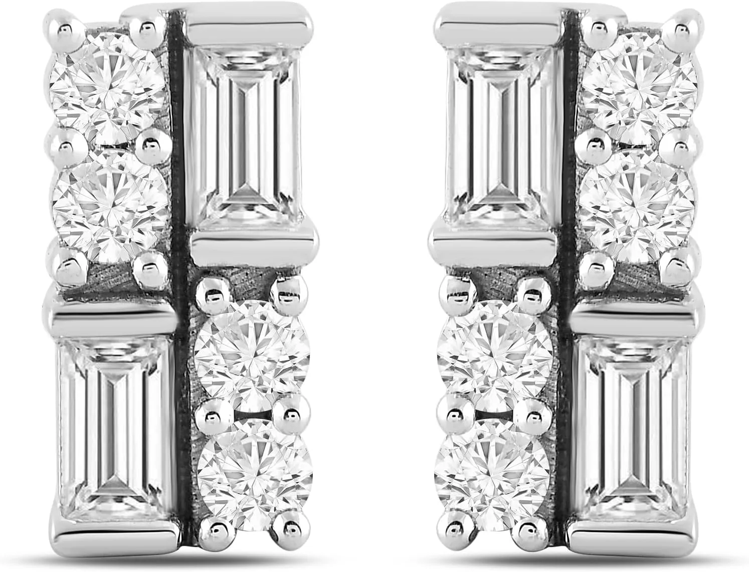 Amazon Essentials White 10K Gold 1/4 Cttw Round and Baguette Diamonds Stud Earrings