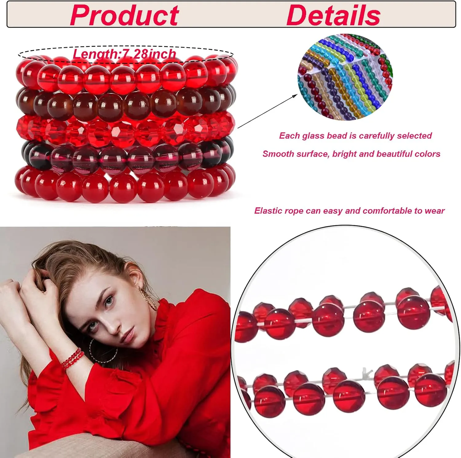 CASDAN 5Pcs 8mm Beaded Stretch Bracelet Handmade Glass Bracelet for Women Mens Multicolor Crystal Round Beads Bracelet Elastic Bead Bracelets Jewelry