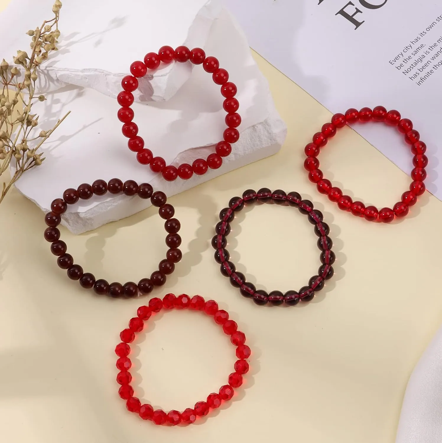 CASDAN 5Pcs 8mm Beaded Stretch Bracelet Handmade Glass Bracelet for Women Mens Multicolor Crystal Round Beads Bracelet Elastic Bead Bracelets Jewelry