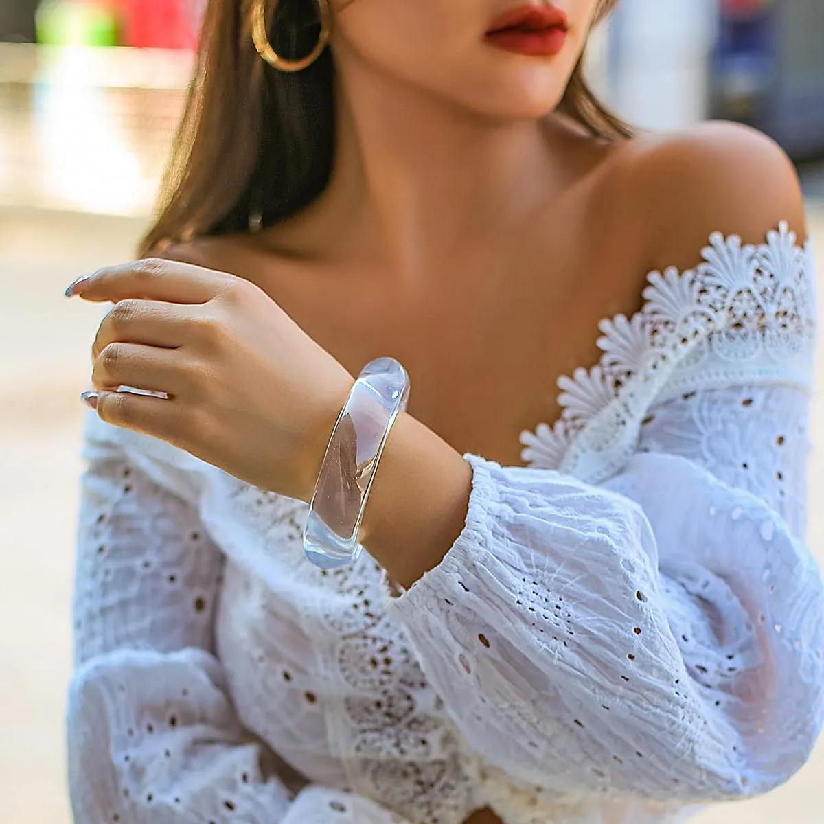 Chunky Acrylic Transparent Candy Color Geometric Round Square Cuff Bangle Bracelet Set for Women Resin Wristband Statement Jewelry