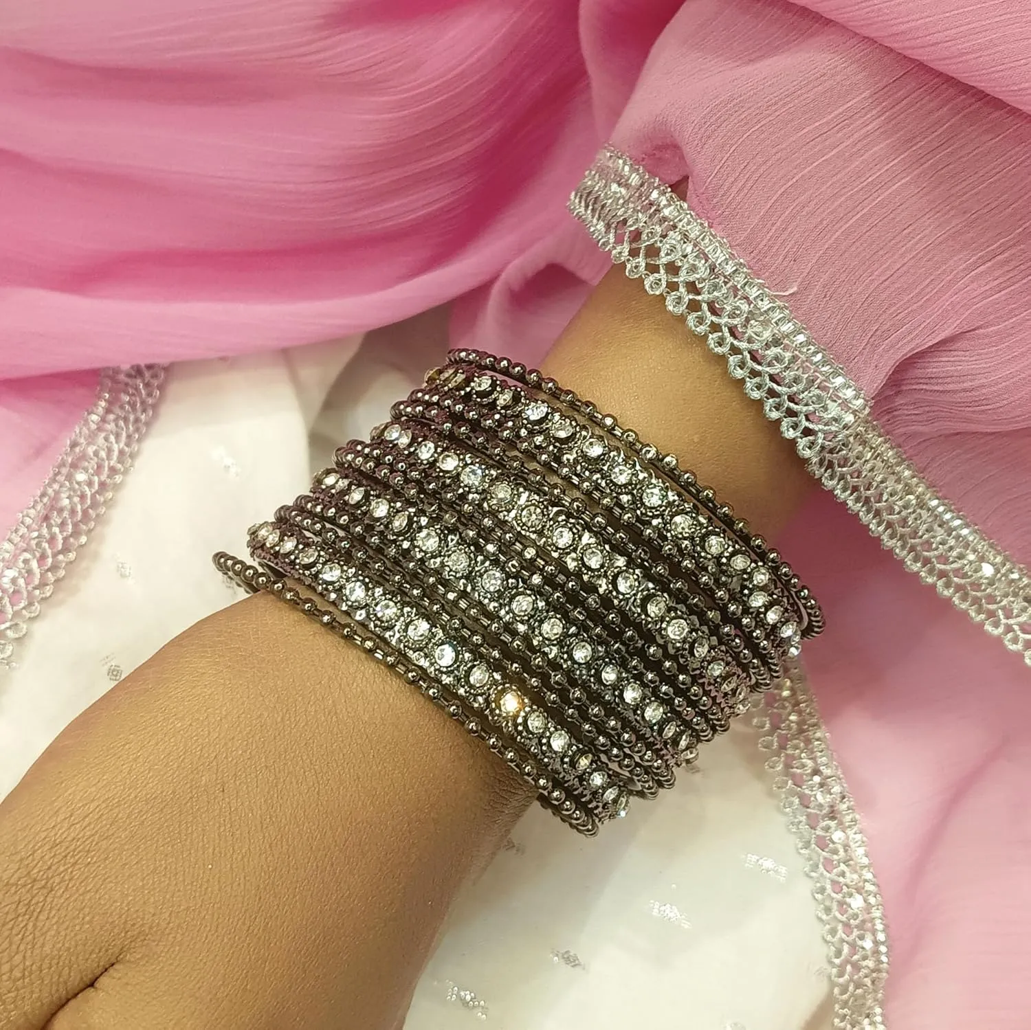 Efulgenz Oxidized Silver Bangles for Women Indian Boho Oxidized Bangles CZ Crystal Metal Indian Bracelet Bangle Set Jewellery for Women