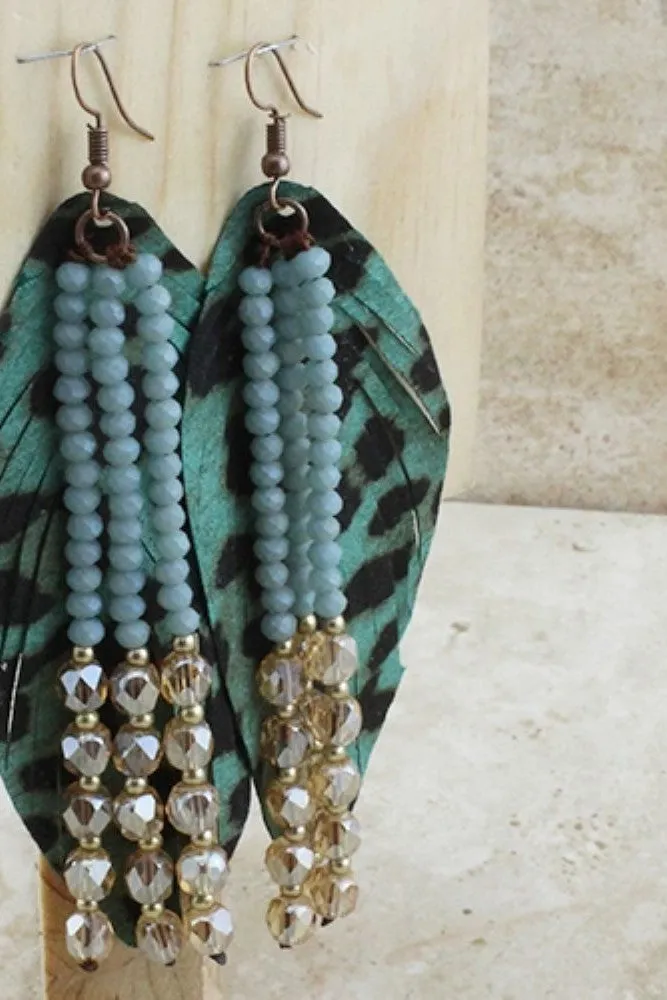 Emma Turquoise Leopard Printed Feather Earrings With Crystal Beaded Tassels