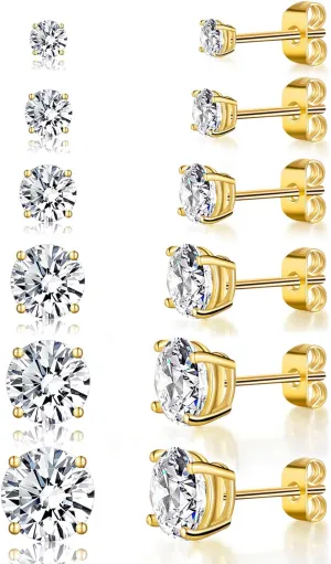 Gemsme 3-8mm Round Cut Cubic Zirconia Gold Earrings for Women/Men Trendy - Hypoallergenic Flat Back Stainless Steel With 18K Yellow Gold Plated CZ Stud Earrings Set - 6 Pairs