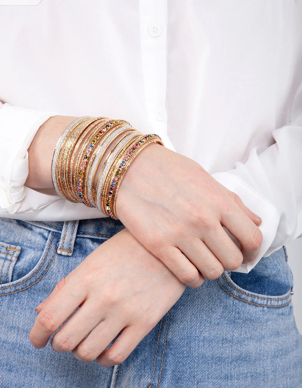 Gold Multi Stone Cupchain & Glitter Bangle 20-Pack