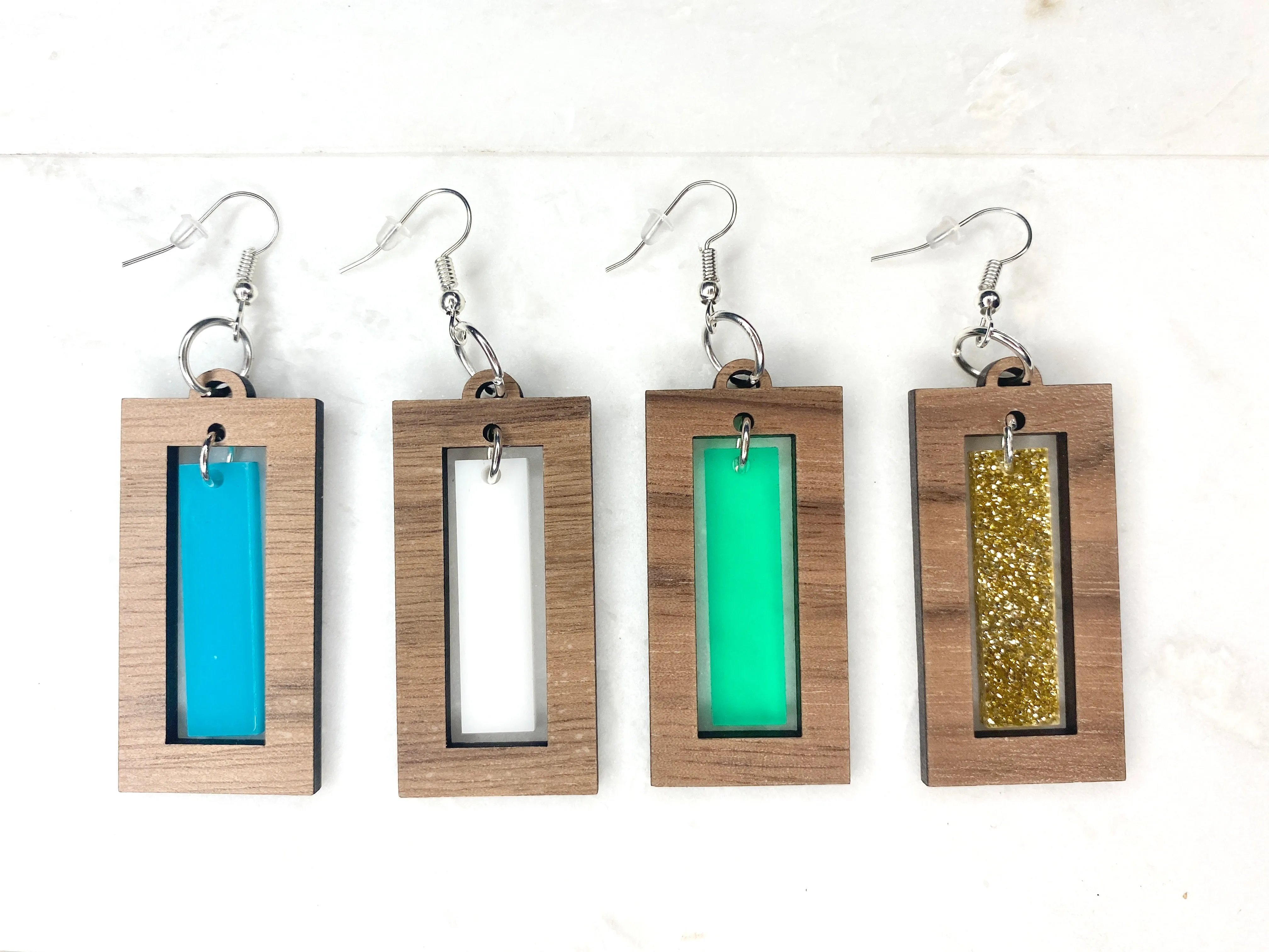 Green Rectangle Dangle Earring Green and Walnut Drop Earring Gold Geometric Boho Style