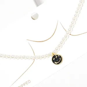 iLLASPARKZ Gold Dipped Brass Metal Enamel Smile Pendant Pearl Necklace