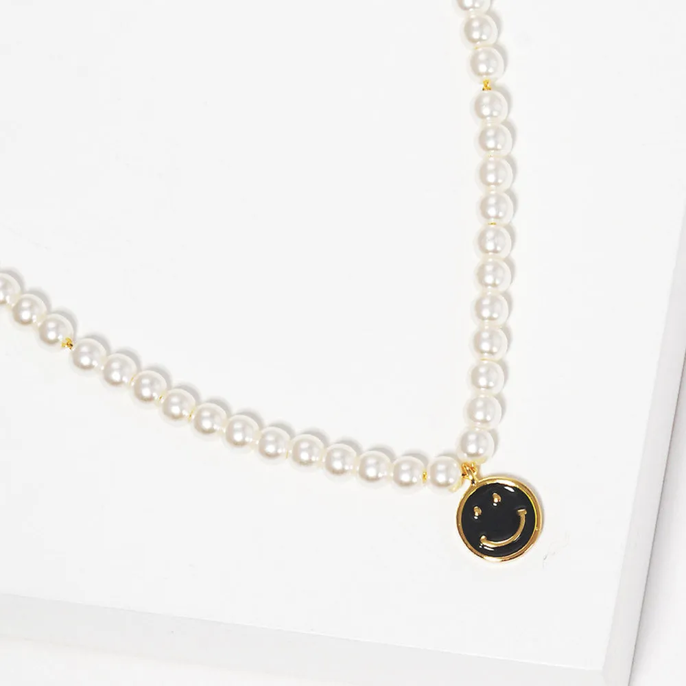 iLLASPARKZ Gold Dipped Brass Metal Enamel Smile Pendant Pearl Necklace