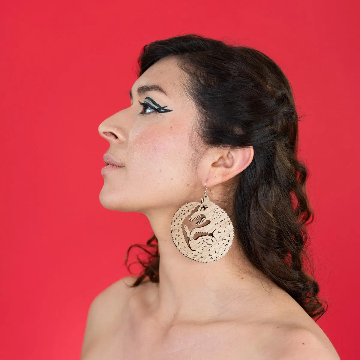 Large Wood Wolf Earrings