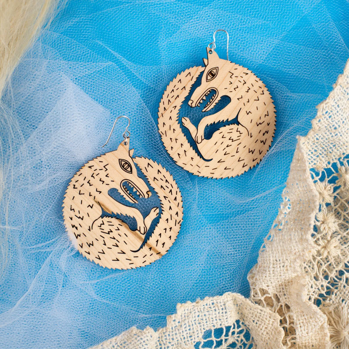 Large Wood Wolf Earrings