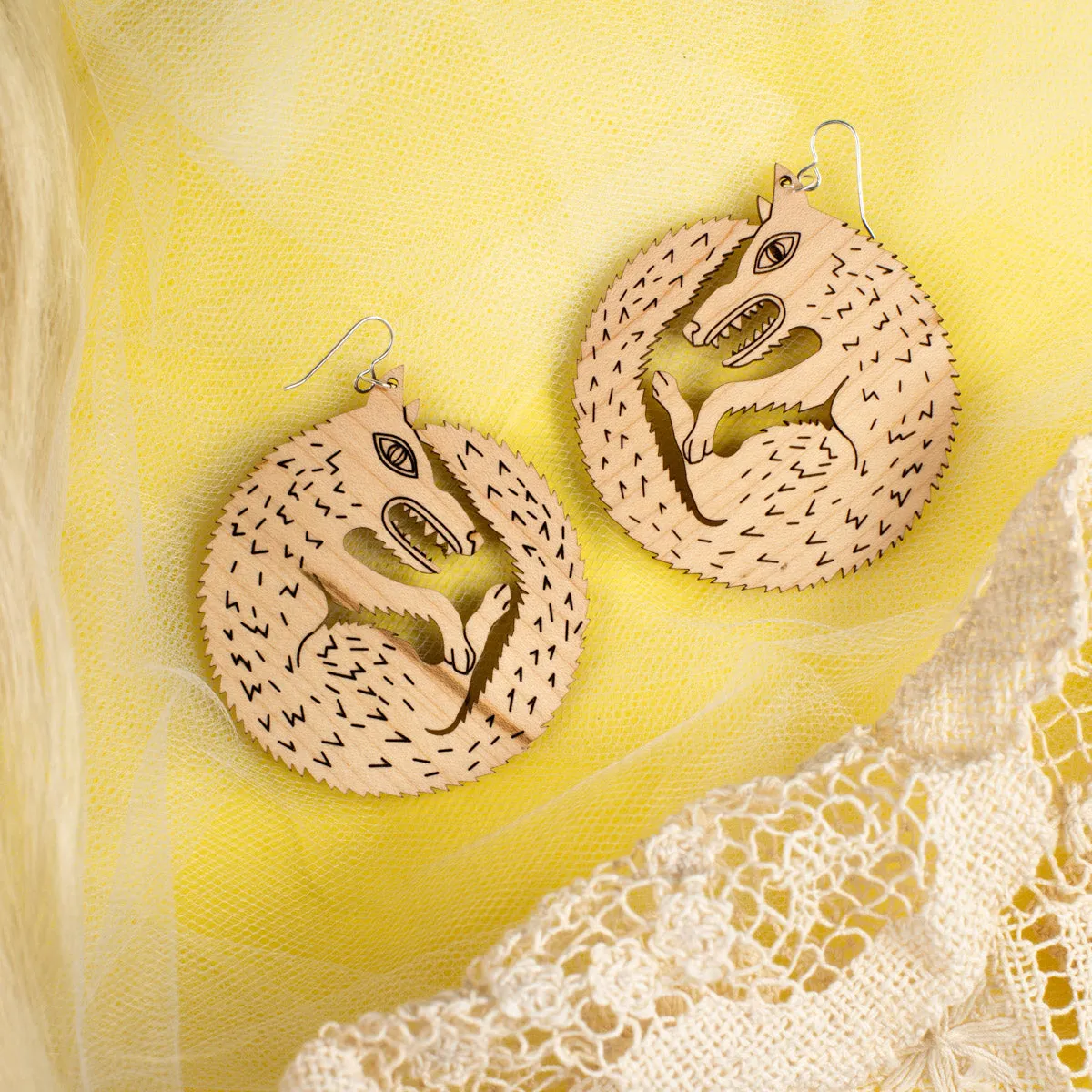 Large Wood Wolf Earrings