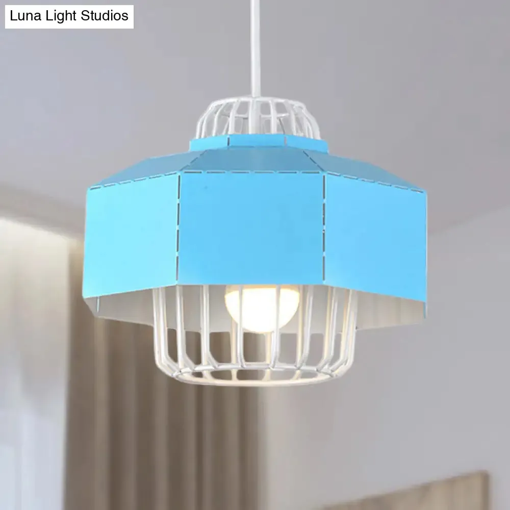 Macaron Style Drum/Bowl Pendant Light in Blue/Orange for Dining Table - Sleek Metallic Hanging Lamp with 1 Light
