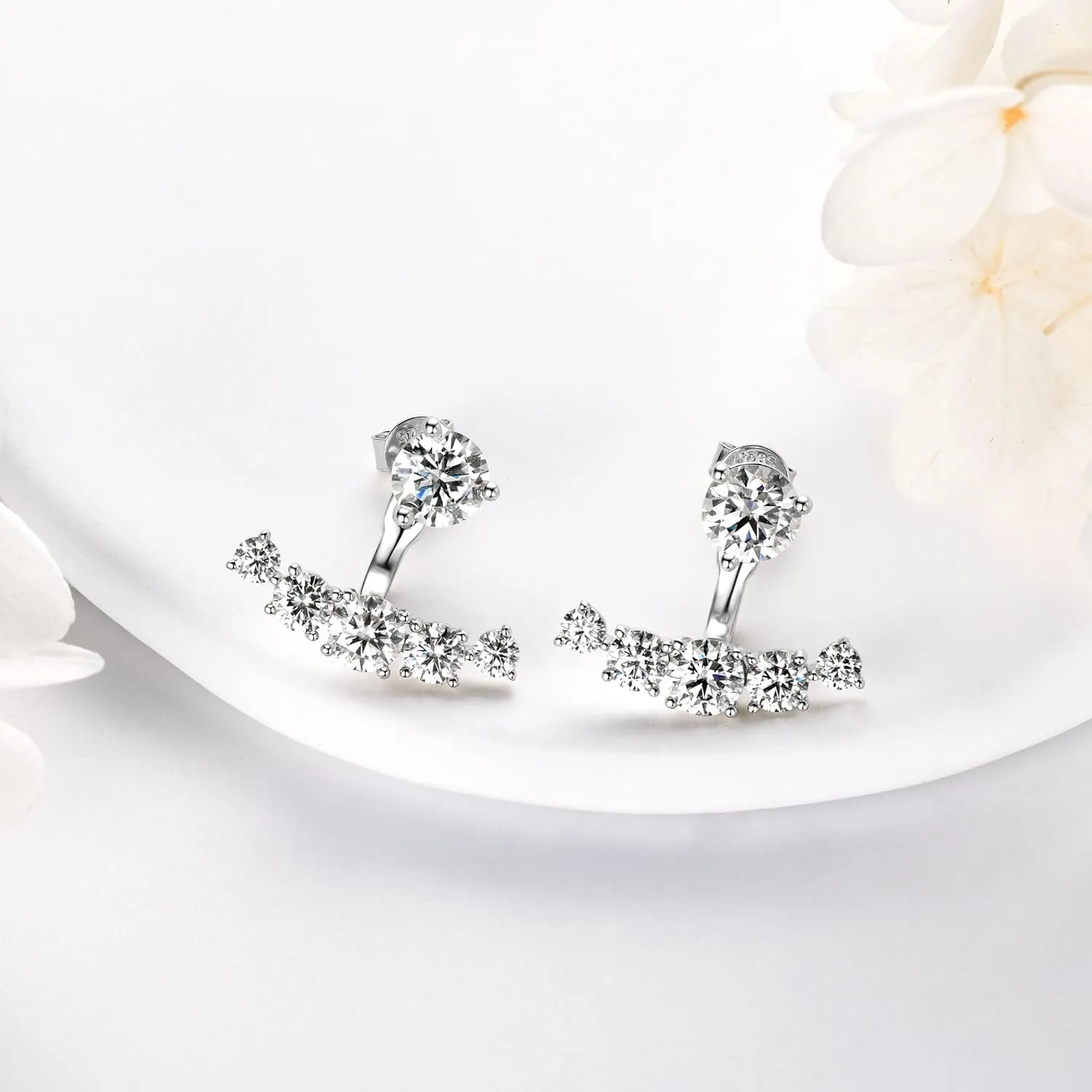 Moissanite Ear Jacket EarringsDetachable Jackets Two Wearable Stud Earrings for Women, Lab Diamond 18K White Gold Plated D Color Round Cut 925 Sterling Silver Earrings, GRA Certified