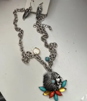 Native American Indian Chief Necklace Set with Feather Earrings