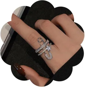 Paper Clip Rings for Women Adjustable Rhinestone Safety Pin Double Layer Rings Shine Star Crystal Rings for Girls Gems Hand Jewelry for Gift