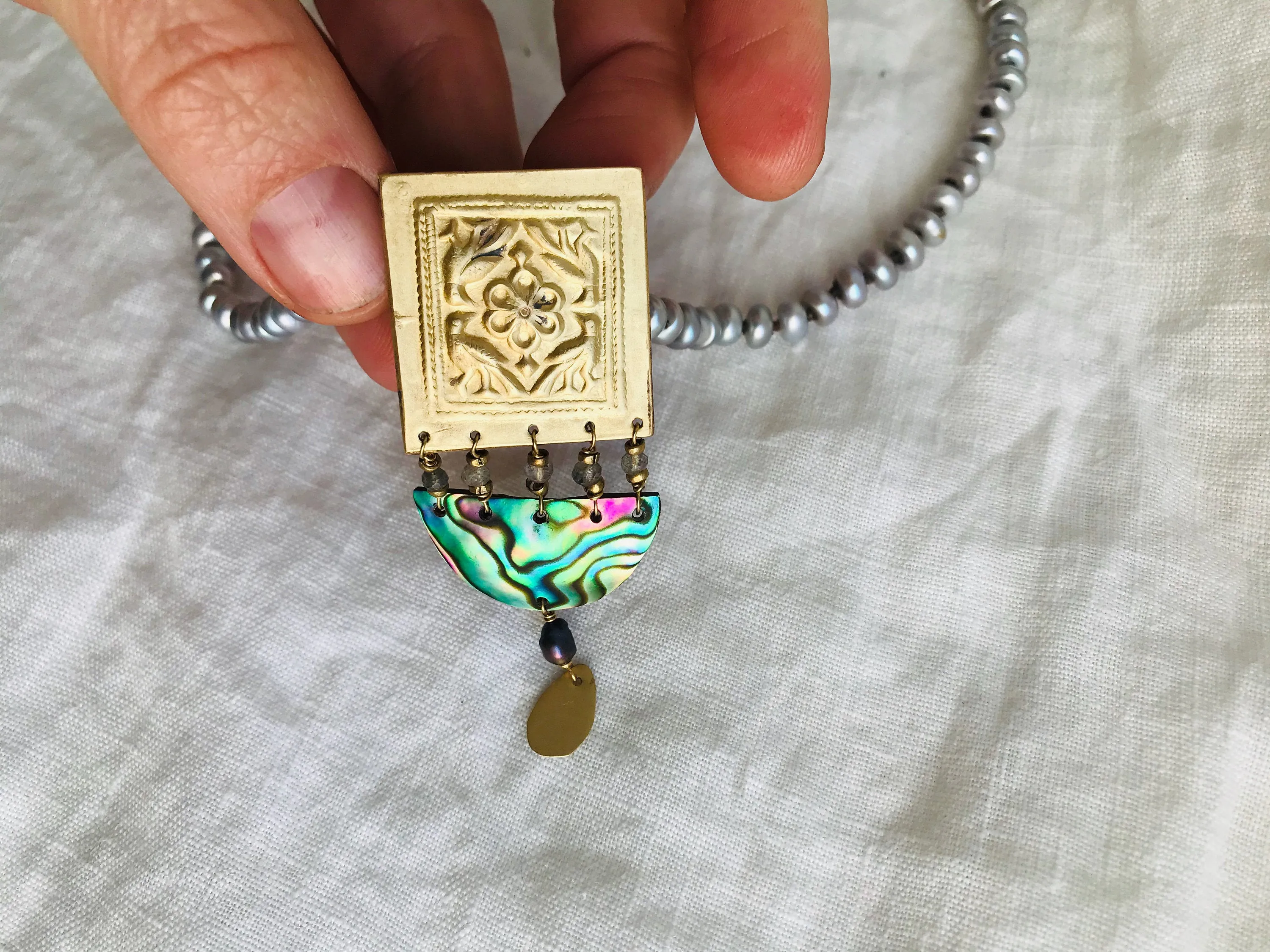 Paua & Brass Necklace. Old Mold. Pendant.