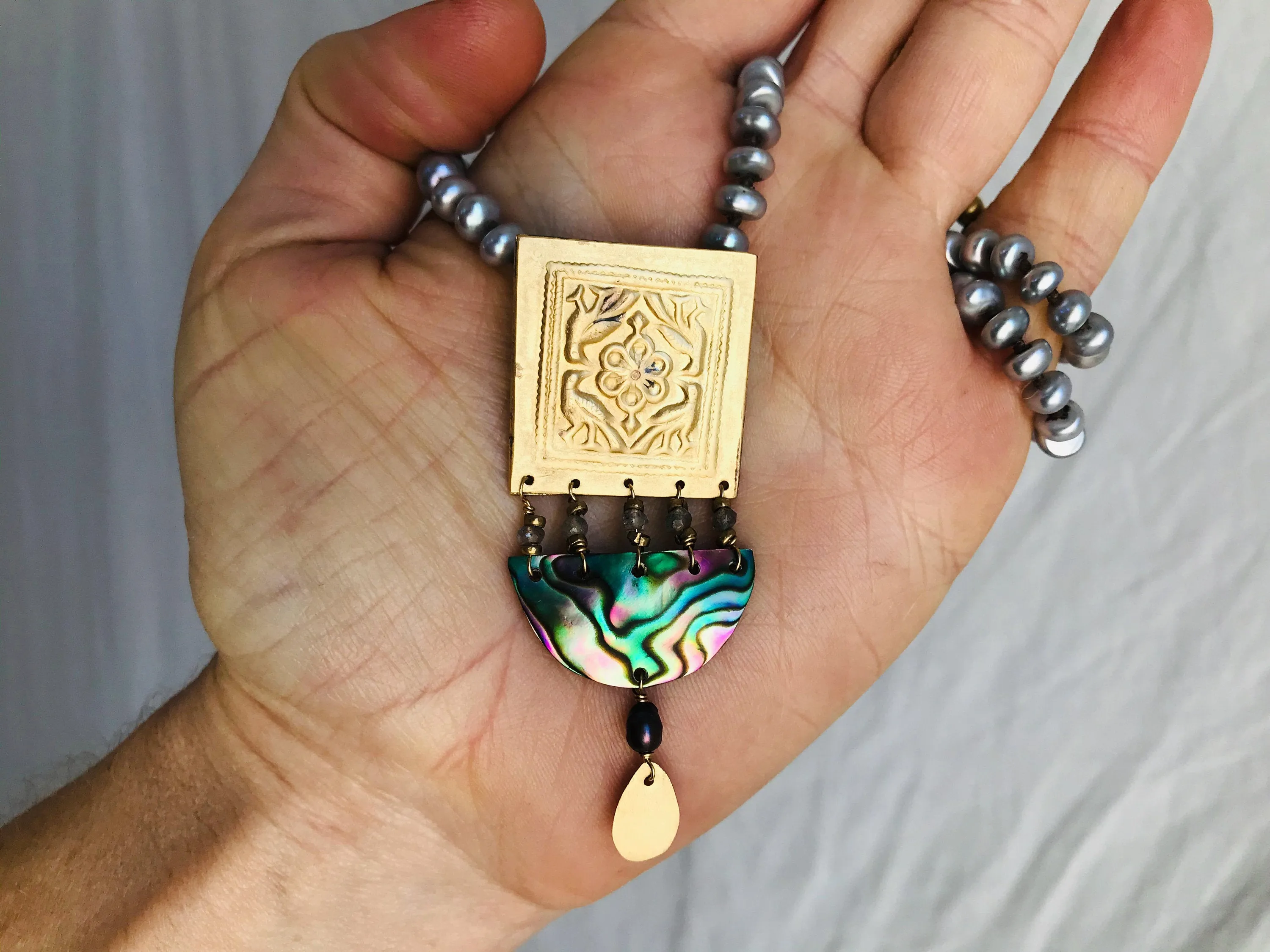 Paua & Brass Necklace. Old Mold. Pendant.