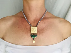 Paua & Brass Necklace. Old Mold. Pendant.