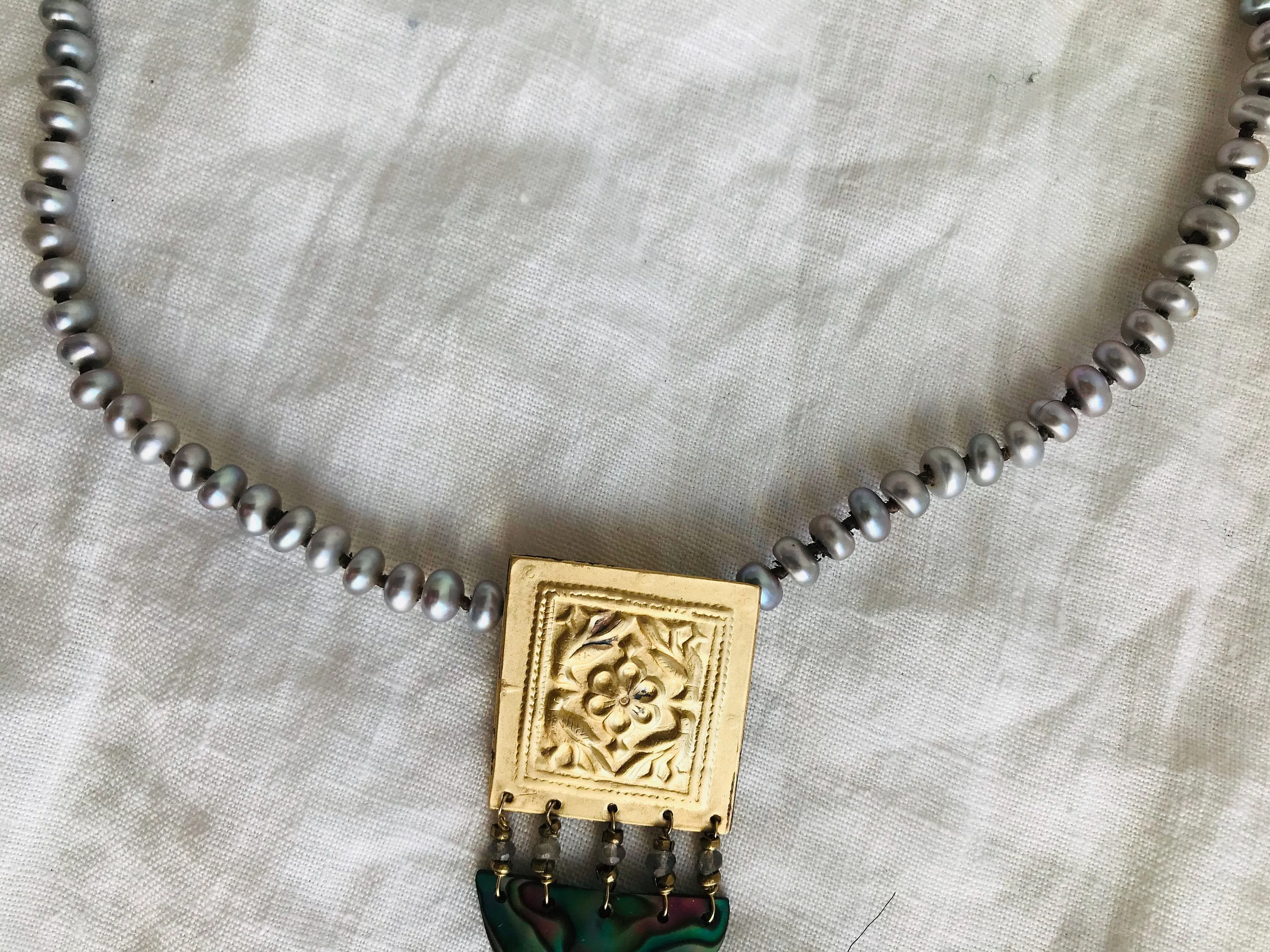Paua & Brass Necklace. Old Mold. Pendant.
