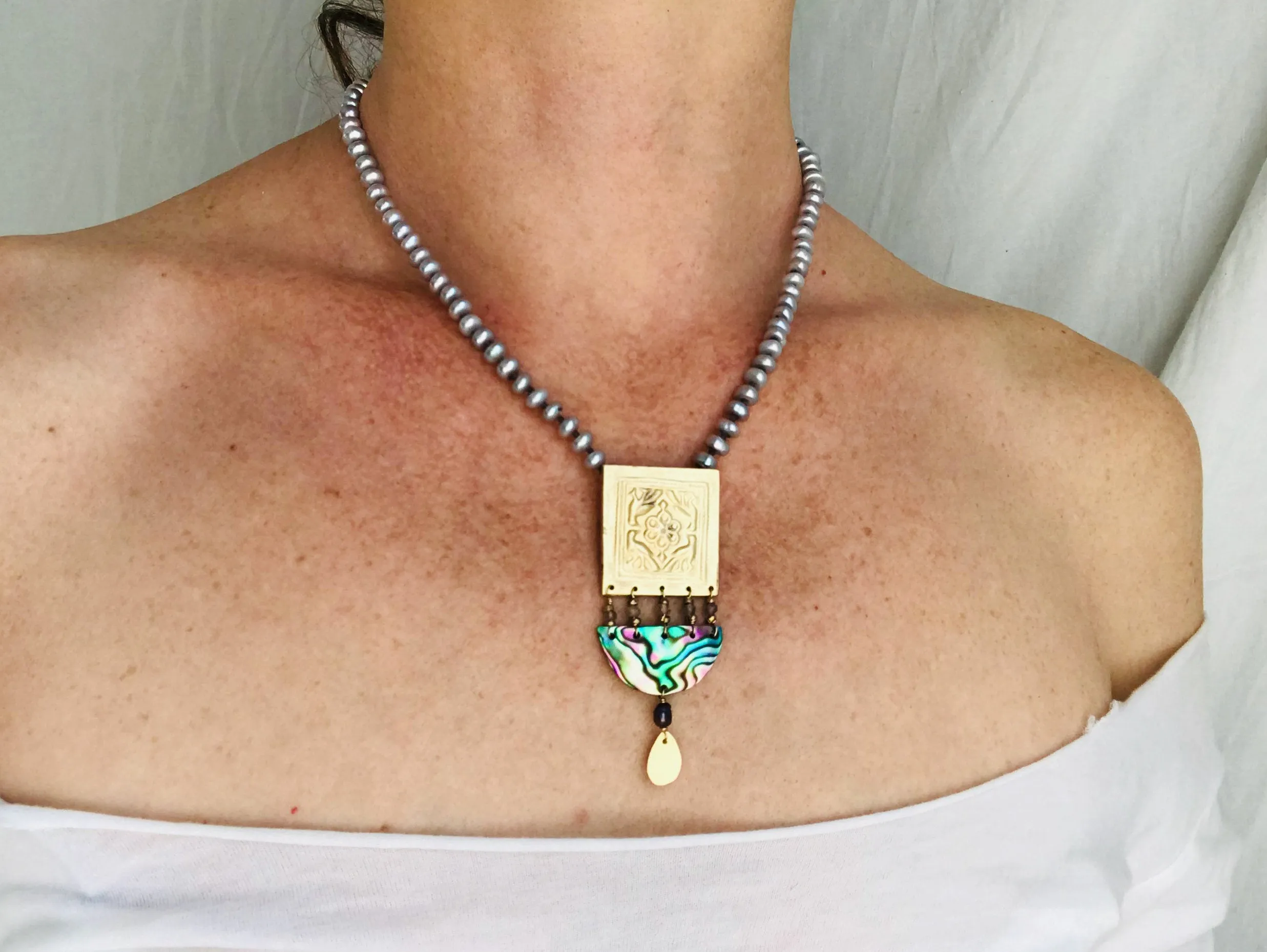 Paua & Brass Necklace. Old Mold. Pendant.