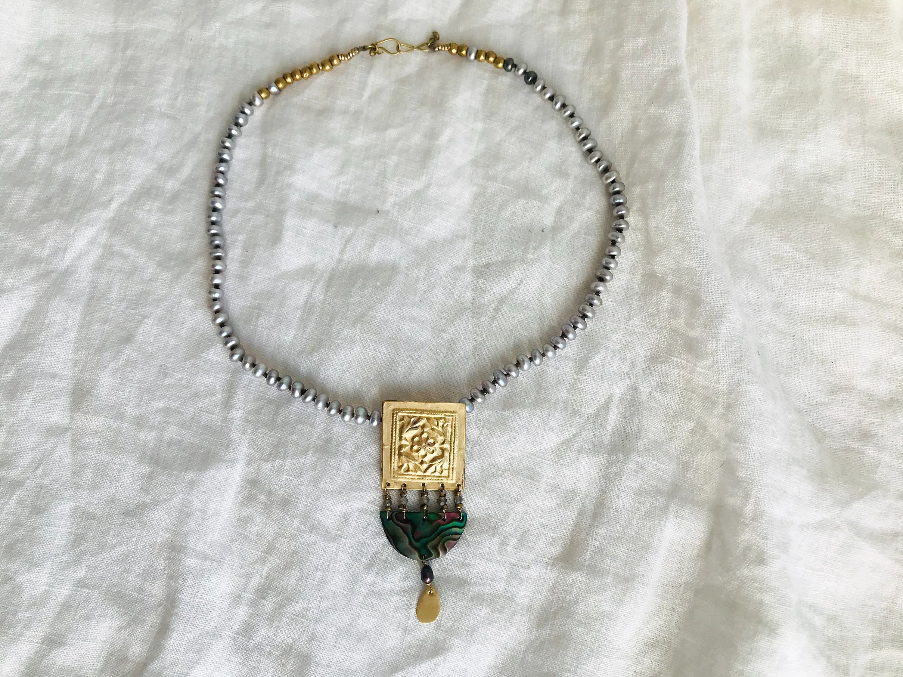 Paua & Brass Necklace. Old Mold. Pendant.