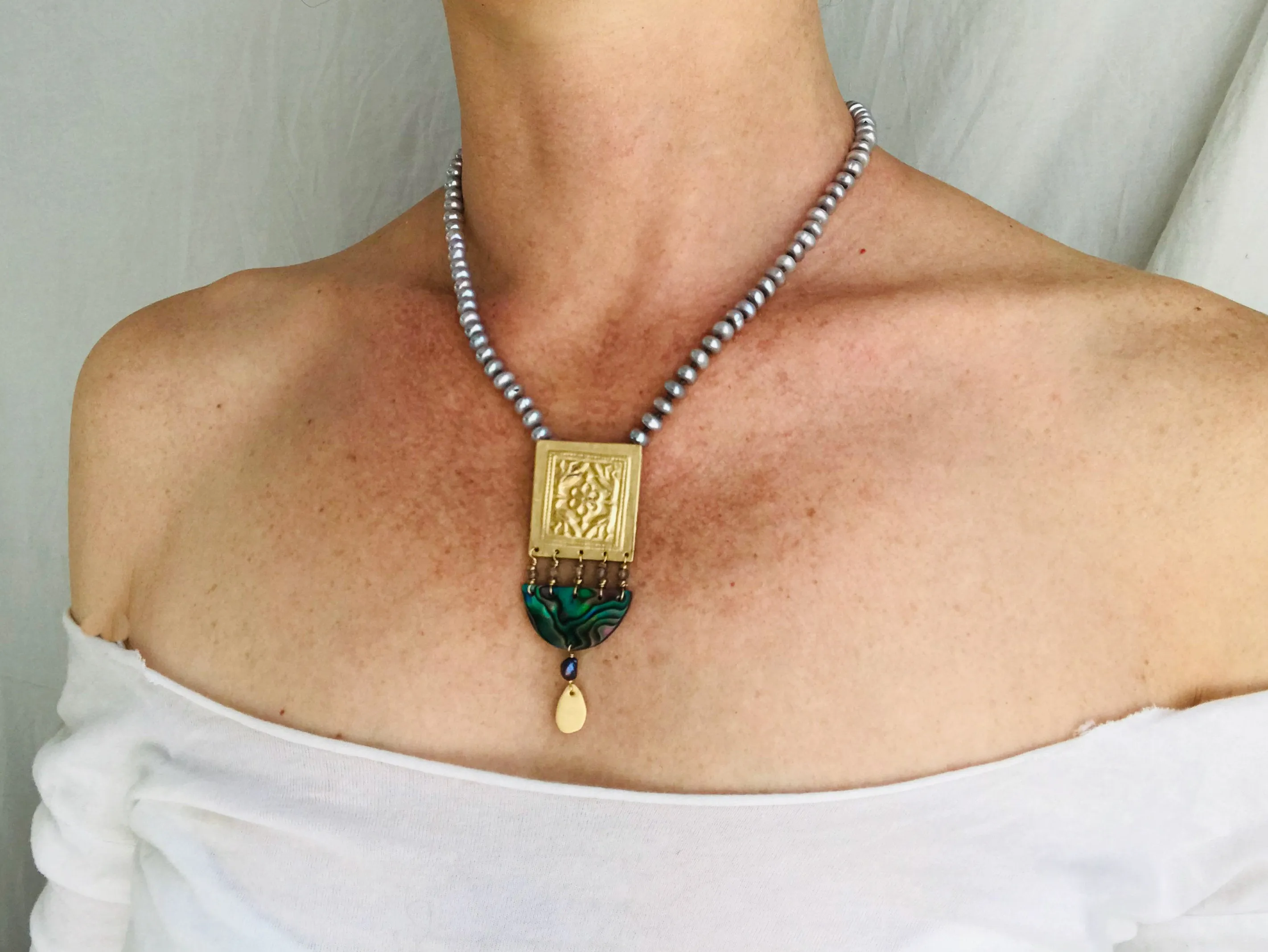 Paua & Brass Necklace. Old Mold. Pendant.
