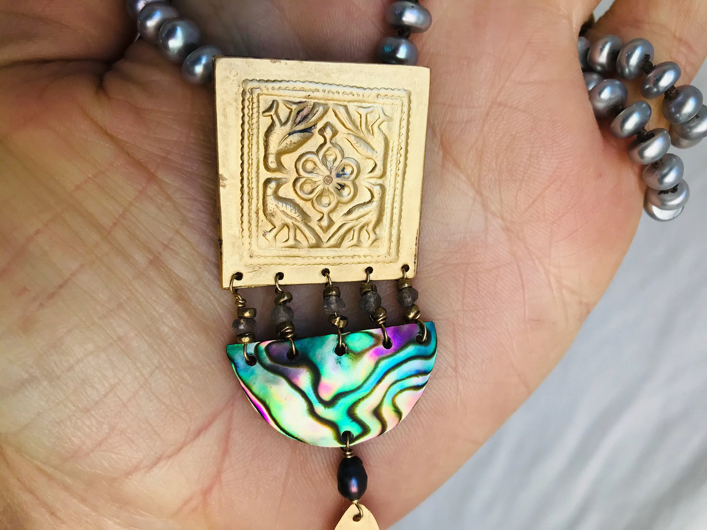 Paua & Brass Necklace. Old Mold. Pendant.