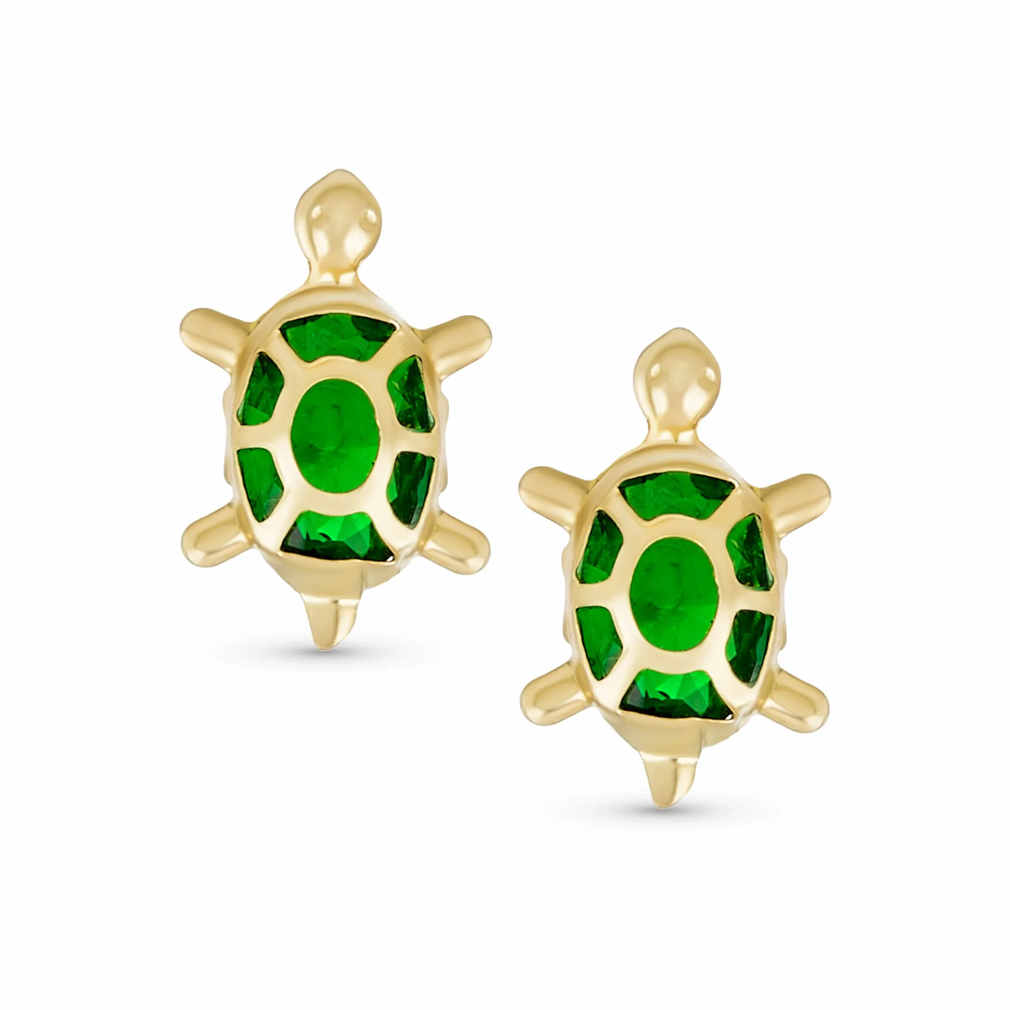 Petite CZ Stud Earrings Green Tortoise Turtle 14K Gold Secure Screw Back