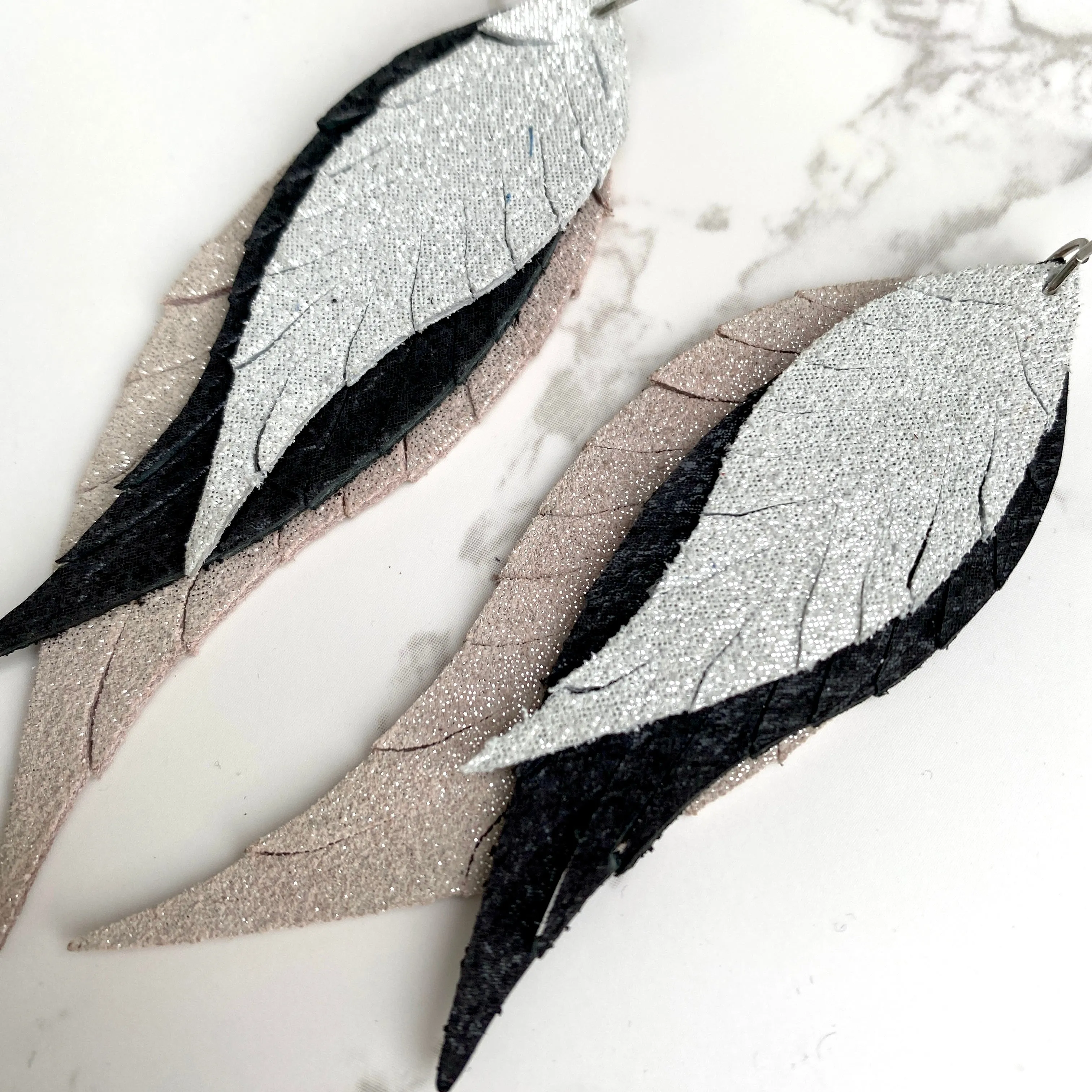 Pink Black Silver Shimmer Leather Feather Earrings