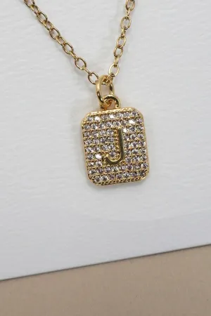 Rhinestone Initial Necklace Gold J