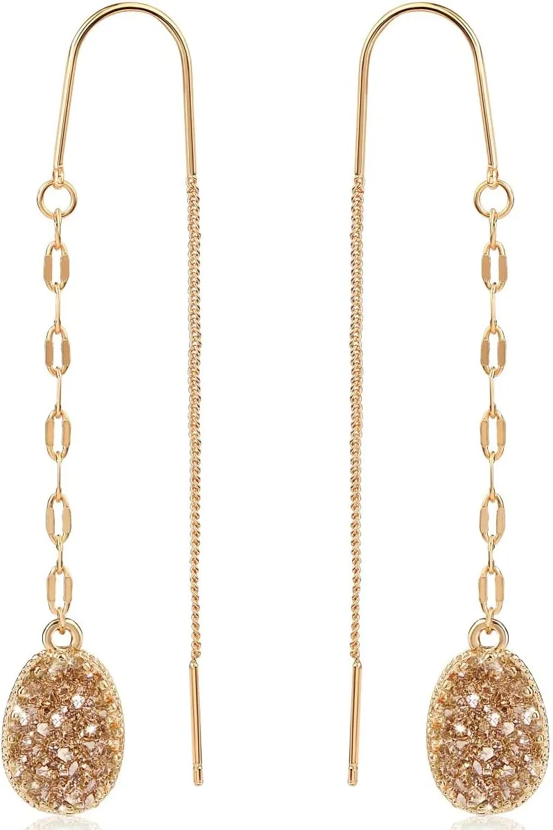 Simulated Druzy Threader Earrings for Women - Gold, Silver, or Rose Gold Tone Long Chain Earrings with Boho Created Geode Stone