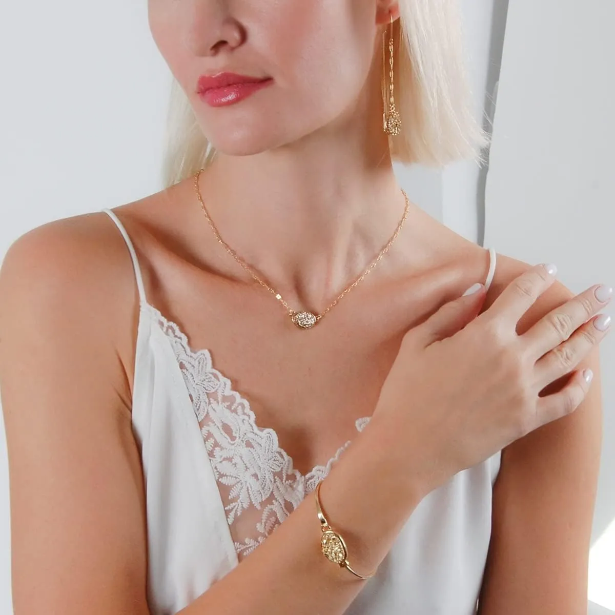 Simulated Druzy Threader Earrings for Women - Gold, Silver, or Rose Gold Tone Long Chain Earrings with Boho Created Geode Stone