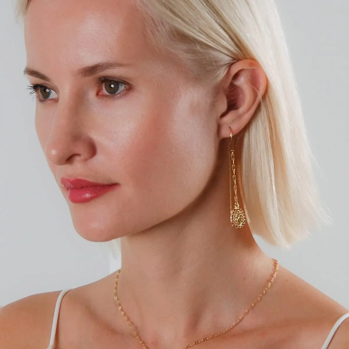 Simulated Druzy Threader Earrings for Women - Gold, Silver, or Rose Gold Tone Long Chain Earrings with Boho Created Geode Stone