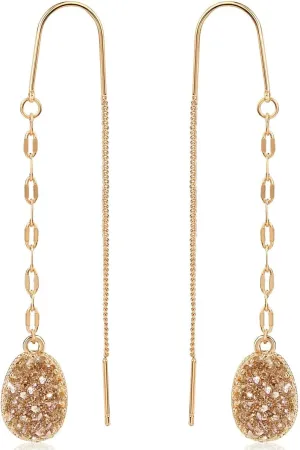 Simulated Druzy Threader Earrings for Women - Gold, Silver, or Rose Gold Tone Long Chain Earrings with Boho Created Geode Stone