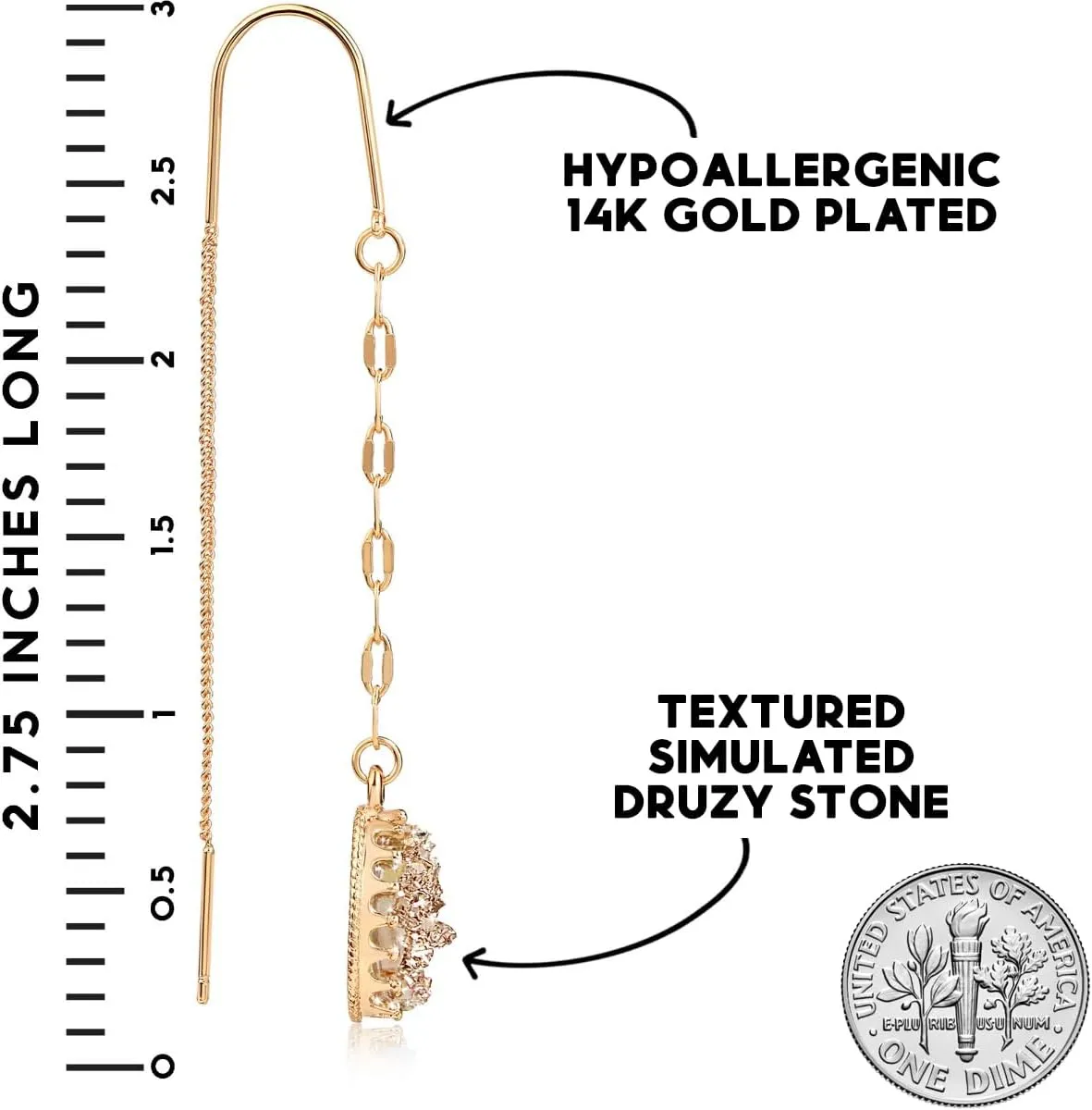 Simulated Druzy Threader Earrings for Women - Gold, Silver, or Rose Gold Tone Long Chain Earrings with Boho Created Geode Stone