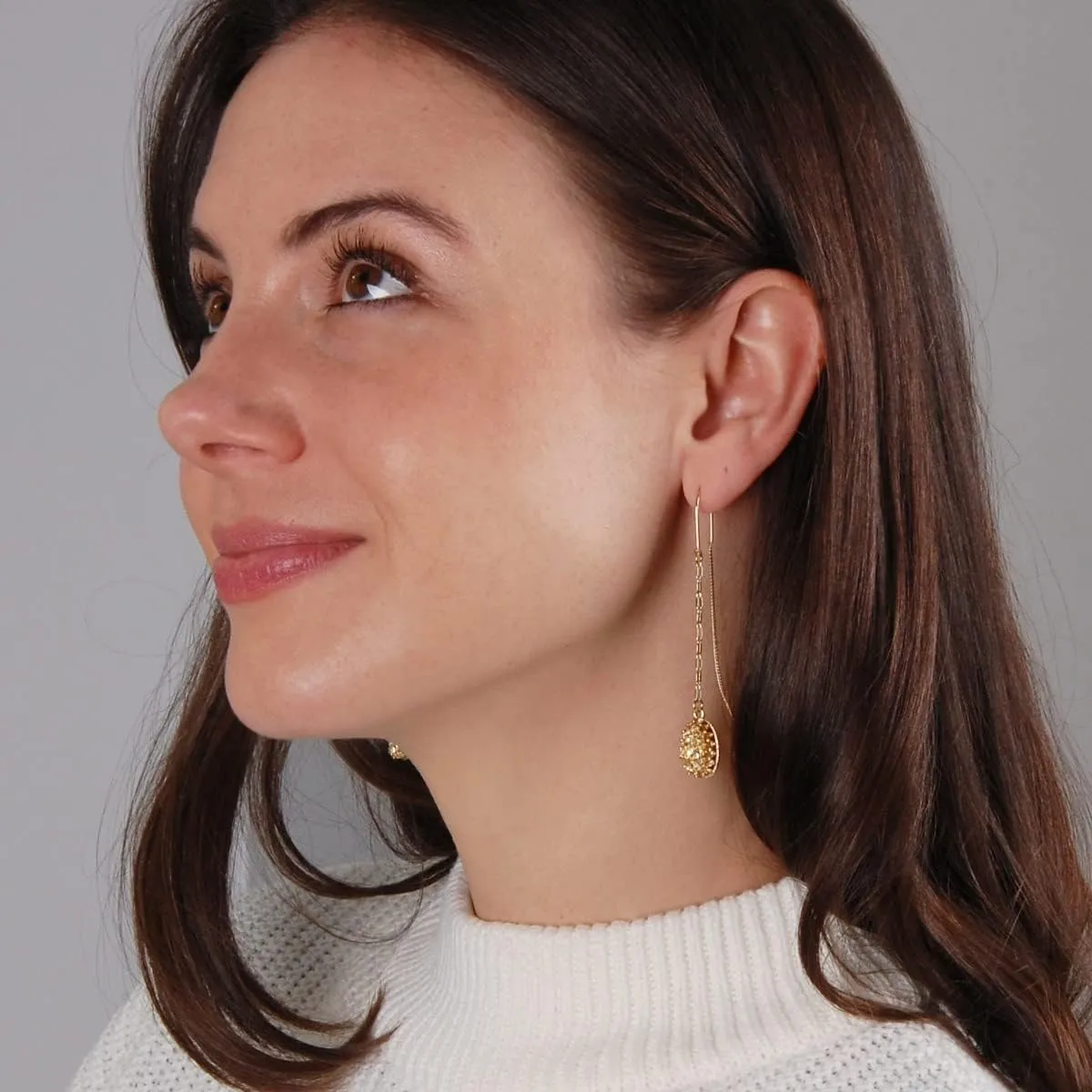 Simulated Druzy Threader Earrings for Women - Gold, Silver, or Rose Gold Tone Long Chain Earrings with Boho Created Geode Stone