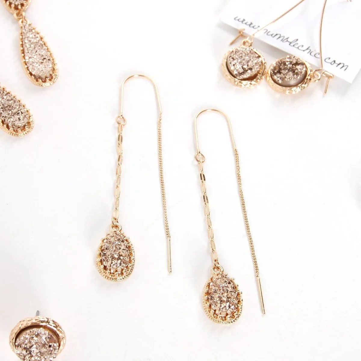 Simulated Druzy Threader Earrings for Women - Gold, Silver, or Rose Gold Tone Long Chain Earrings with Boho Created Geode Stone