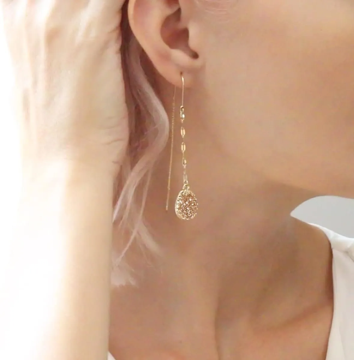 Simulated Druzy Threader Earrings for Women - Gold, Silver, or Rose Gold Tone Long Chain Earrings with Boho Created Geode Stone