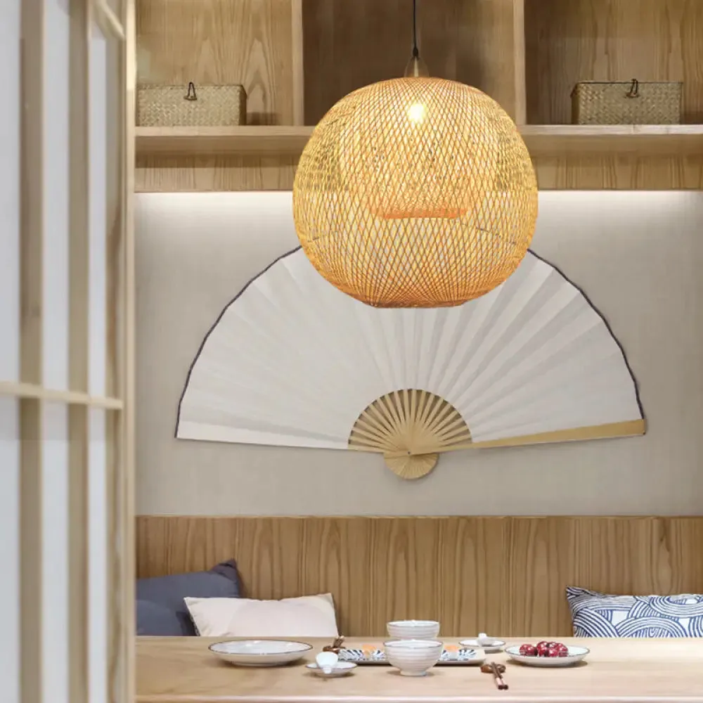 Sleek Bamboo Sphere Suspension Light - Minimalist 1��Head Pendant Ceiling Lighting for Tea Room