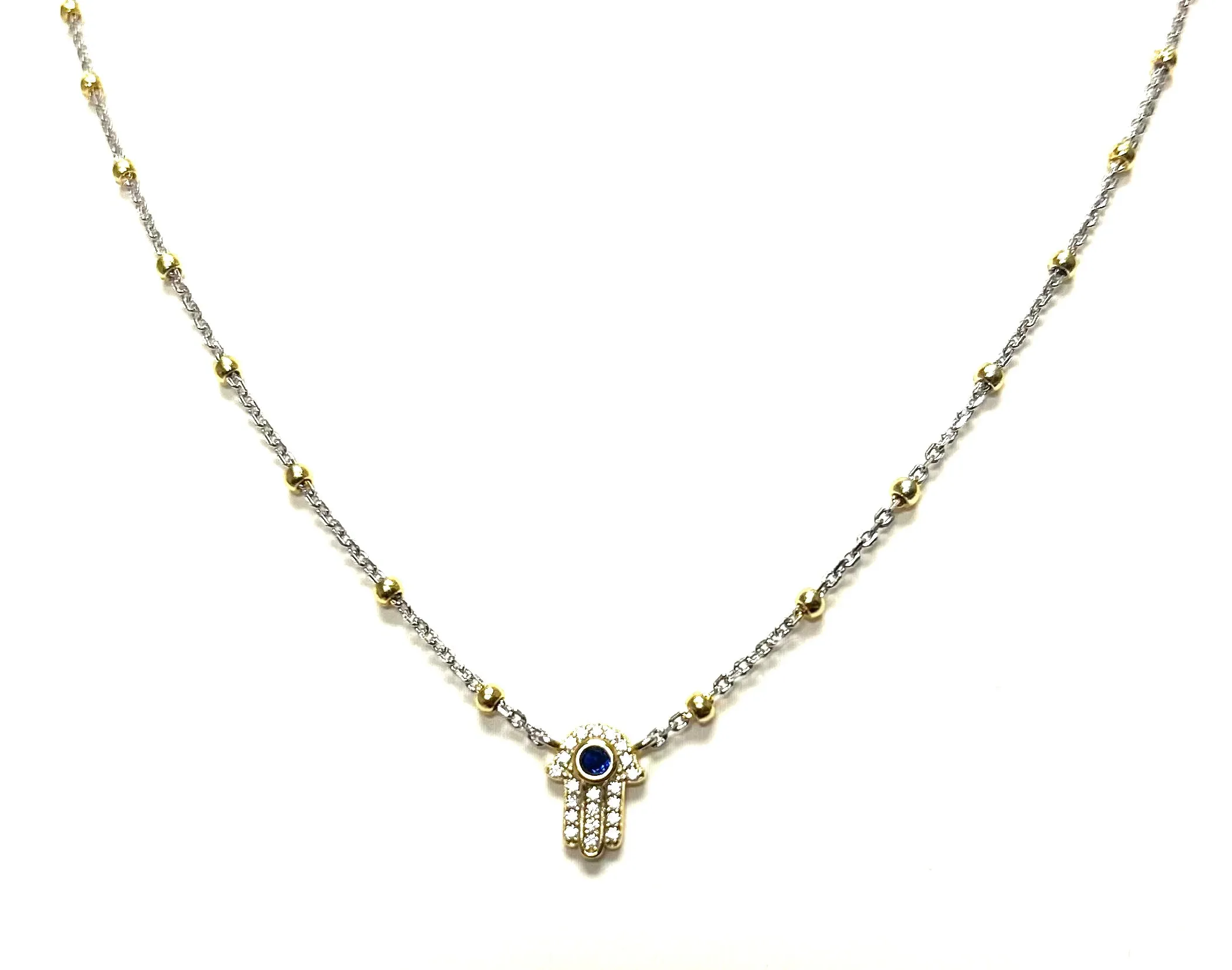 Two Tone Ball and Chain Hamsa Necklace