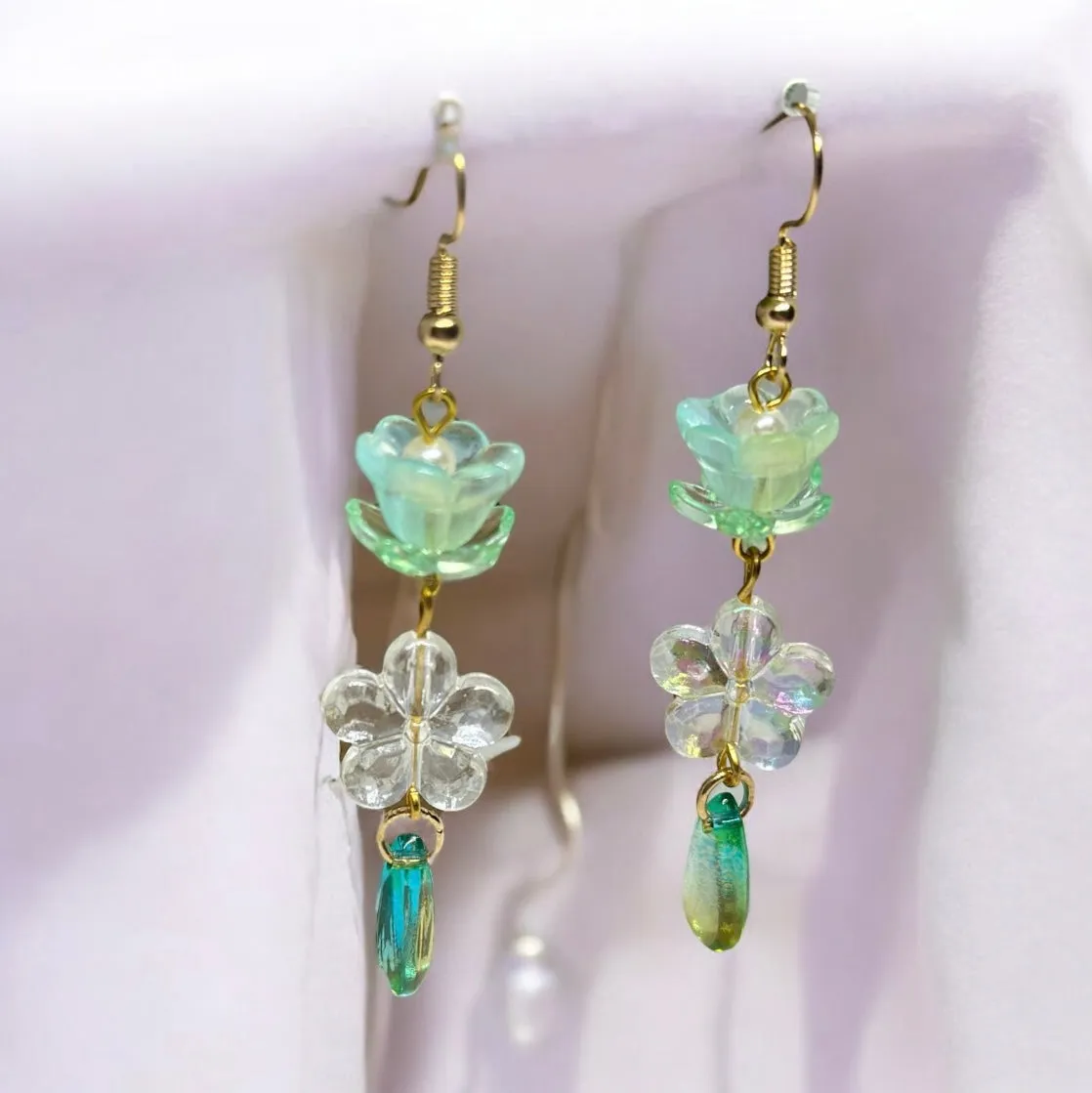 Whimsical - Mini green flower earrings | golden leaf mini flower earrings | elegant floral dangle chain earrings