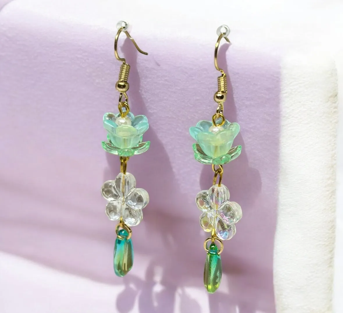 Whimsical - Mini green flower earrings | golden leaf mini flower earrings | elegant floral dangle chain earrings