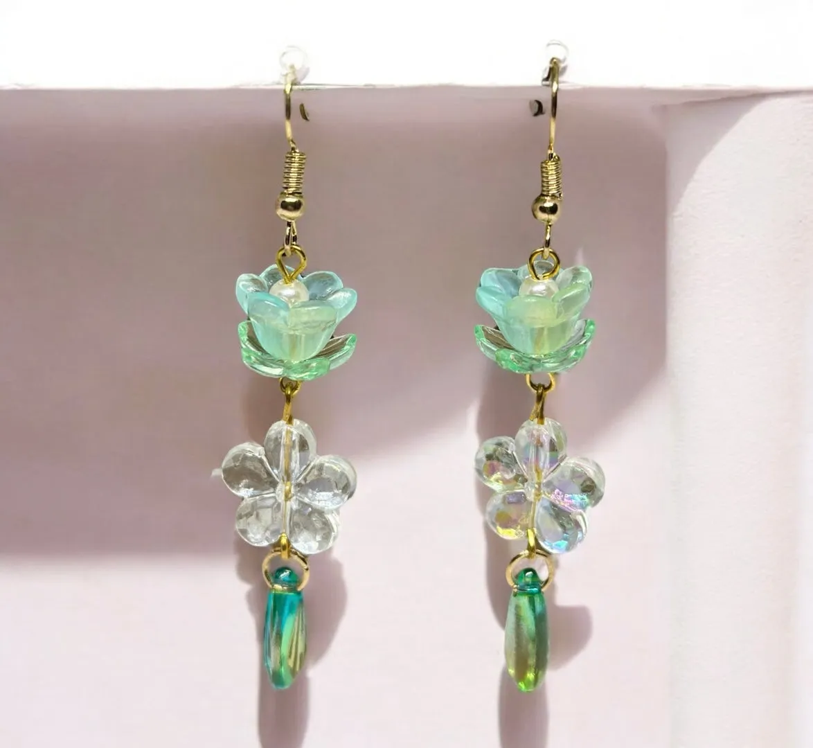 Whimsical - Mini green flower earrings | golden leaf mini flower earrings | elegant floral dangle chain earrings
